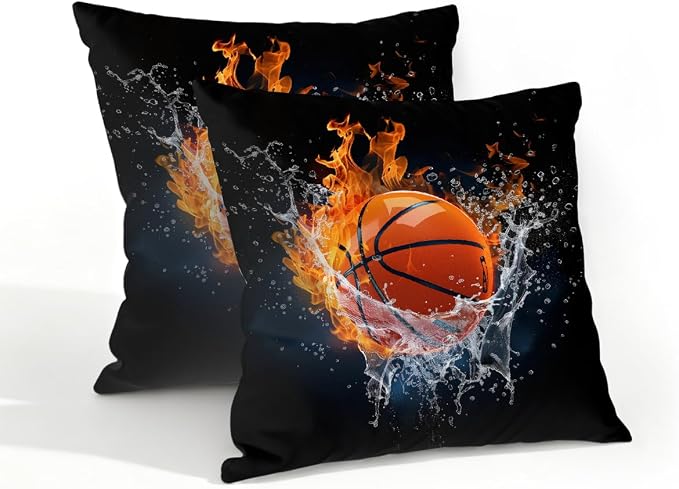 18x18 Inch Outdoor Pillow Covers Set of 2 Waterproof Throw Pillow Covers Decorative Couch Cushion Covers Basketball in Fire Square Pillowcases Protectors for Patio Garden Sofa