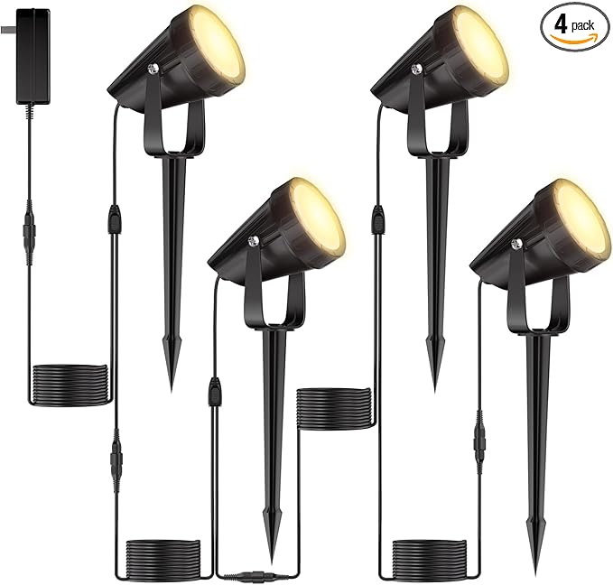 Outdoor Landscape Lighting Low Voltage, 29.5FT Wired LED Spot Light with Plug-in Transformer, IP65 Waterproof Outside Uplight 7W 840LM for Yard Garden Tree Pathway House, Warm Yellow 3000K, Pack of 4
