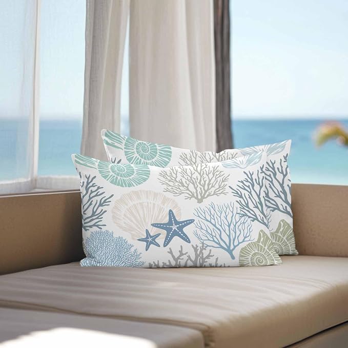 Coral Outdoor Throw Pillow Covers Pack of 2, Teal Marine Coral Abstract Geometric Waterproof Pillow Covers Pillowcase for Outside Furniture Bench Patio Garden Decorative, 12 x 20 inch