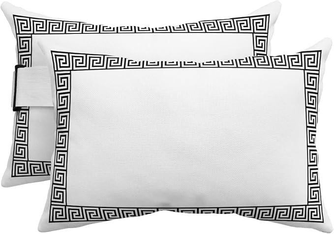 Outdoor Pillows Covers with Inserts Greek Themed Traditional Meander Border Square Geometric Waterproof Pillow with Adjustable Strap Throw Pillows for Patio Furniture Lounge Chair, 12x20 Inch, 2PCS