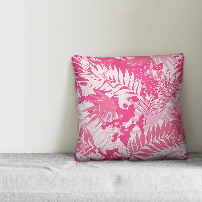 Pink Palms Indoor/Outdoor Pillow | Decorative Pillows for Living Room Couch Bed Sofa Patio, Fluffy Soft Cushion | Water Resistant Pink, 18x18