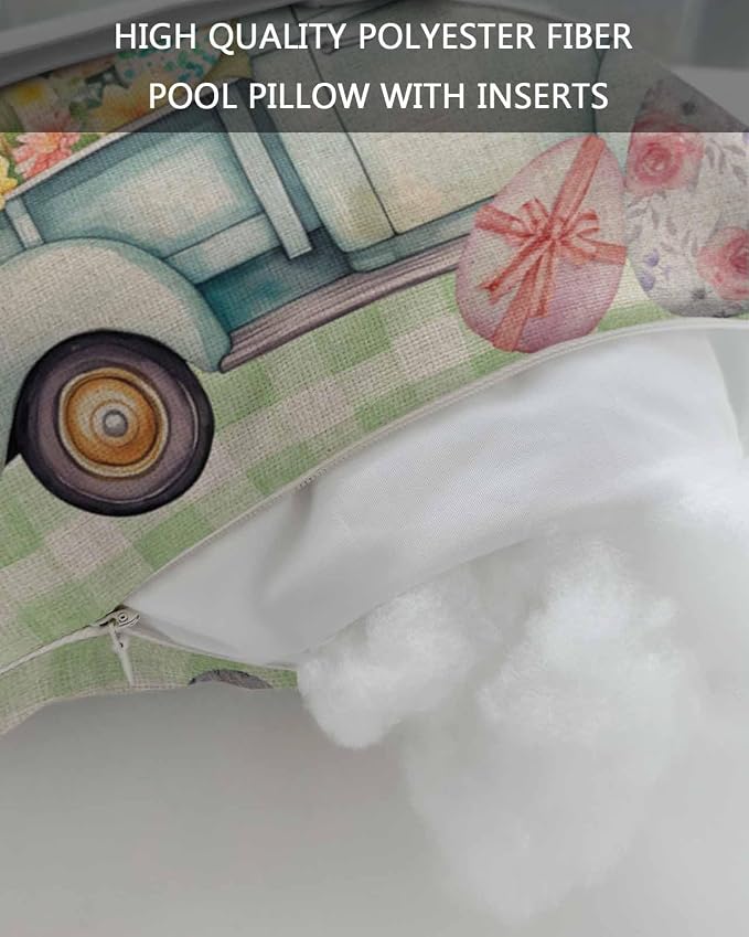 Chaise Lounge Head Resting Pillows,Easter Truck Pull Eggs Eucalyptus Leaf Green Plaid Outdoor Chaise Pillows,Waterproof Patio Furniture Pillows with Insert and Elastic Strap for Beach Chair