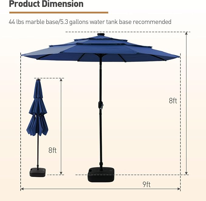 COSIEST 9FT 3 Tiers LED Patio Umbrella, Outdoor Umbrella with Solar LED Lights, Market Patio Table Umbrellas with 8 Sturdy Ribs, Pool Umbrella for Garden, Pool, Backyard, Navy Blue