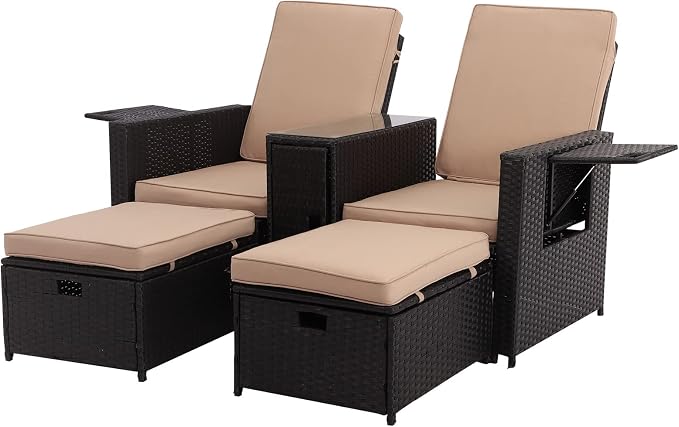 Patio Wicker Loveseat - Outdoor Rattan Sofa Set with Cushion - Adjustable Lounge Chair with Ottoman Footrest, Wicker Furniture for Garden, Patio, Balcony, Beach, Coffee Bar, Deck