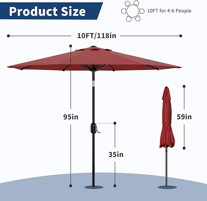 10Ft Patio Umbrella - 8 Sturdy Ribs Outdoor Table Umbrella with Crank Lift & Push Button Tilt - Market Umbrella for Pool, Deck, Yard, Garden - Turquoise