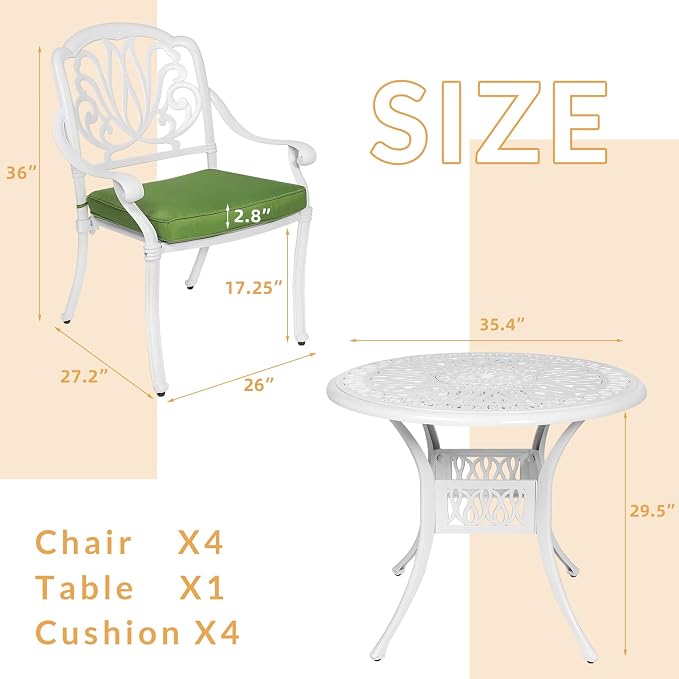 5-Piece Outdoor Patio Dining Set, All-Weather Cast Aluminum Patio Furniture Set for Backyard Garden Deck with 4 Chairs, 4 Cushions and 35.4” Round Table, 2.2" Umbrella Hole, White