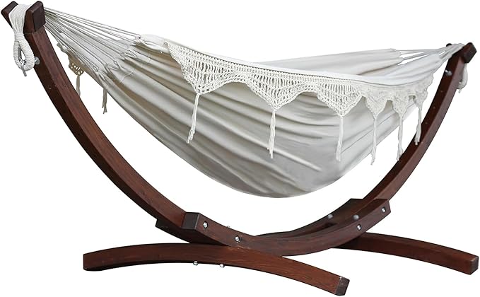 Vivere Double Cotton Hammock with Solid Pine Arc Stand - 450 lb Capacity, Durable FSC Wood Frame, Includes Hardware & User Guide - 450 lb Weight Capacity