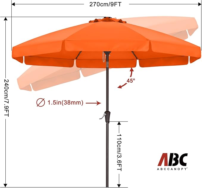 ABCCANOPY 9ft Scalloped Patio Umbrella, Outdoor Table Umbrella with Tilt and Crank, Fiberglass Ribs Deck Umbrella for Patio, Pool, Garden, Picnic (Orange)