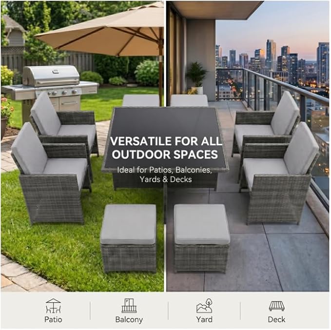 Gasee 9 Pieces Outdoor Dining Sets Patio Rattan Conversation Set Space Saving Wicker Chairs with Glass Table,Gray