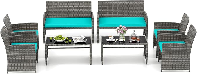 HAPPYGRILL 8 Piece Rattan Wicker Patio Conversation Set, Outdoor Furniture with Chair Loveseat Table & Cushion, for Backyard Porch Balcony (2, Turquoise)