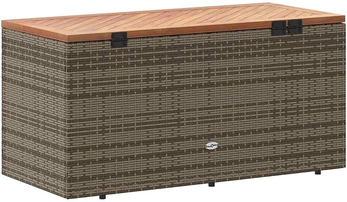 Garden Storage Box, Outdoor Storage Bench with Acacia Wood and PE Rattan, Grey Patio Deck Box for Cushions and Tools, 43.3-inch Seating for 2 People