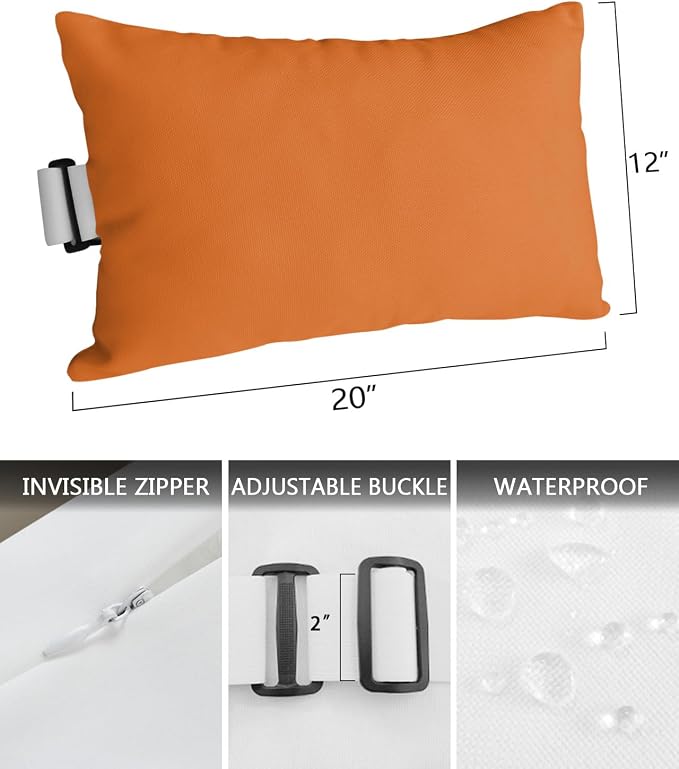 Outdoor Pillows Covers with Inserts Fall Pure Orange Solid Color Waterproof Recliner Pillow with Adjustable Strap Throw Pillows for Patio Furniture Pool Lounge Chair, 12x20 inch, 1PCS