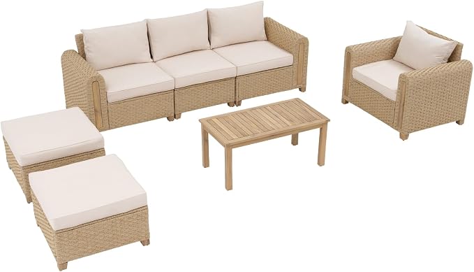 SUNSITT 7-Piece Patio Furniture Set, Outdoor Wicker Modular Sectional with Acacia Wood Accents, 5.9" Wide Armrests, Ottomans & Coffee Table for Backyard Porch