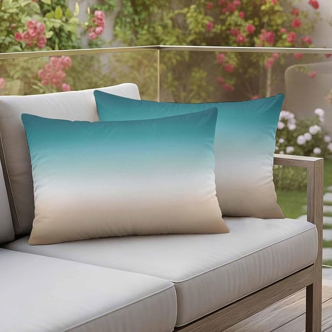 Outdoor Pillow Covers Set of 2, Teal to Khaki Gradient Art Decorative Throw Pillow Covers 20X12IN, Turquoise Watercolor Style Throw Pillows Protector Cushion Case for Patio,Couch,Sofa,Garden