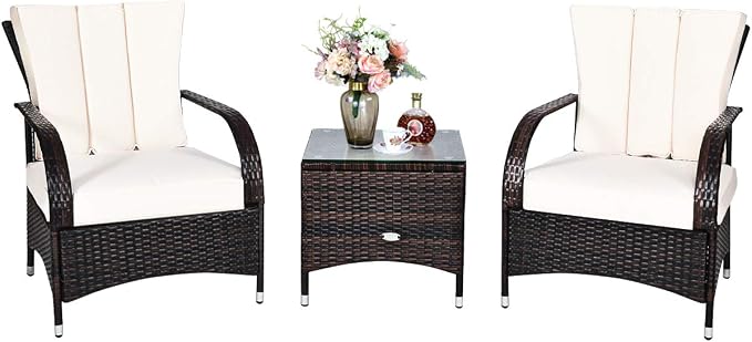 Tangkula 3-Piece Patio Conversation Set, Ourdoor Wicker Furniture Set, Rattan Coffee Table & Chairs Set with Cushions, Outdoor Conversation Set for Garden Balcony Backyard (Cream)