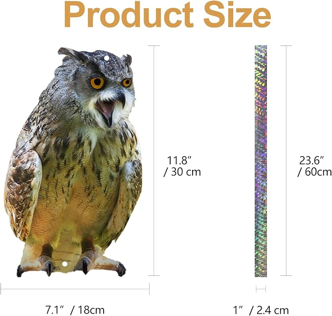 Owl to Keep Pigeons Away, 4Pcs Flat Plastic Owl to Scare Woodpecker from House, Fake Owls to Scare Pigeon Squirrels, Hanging Garden Owls with Reflective Tape for Roof Porch Patio Window Yard Balcony