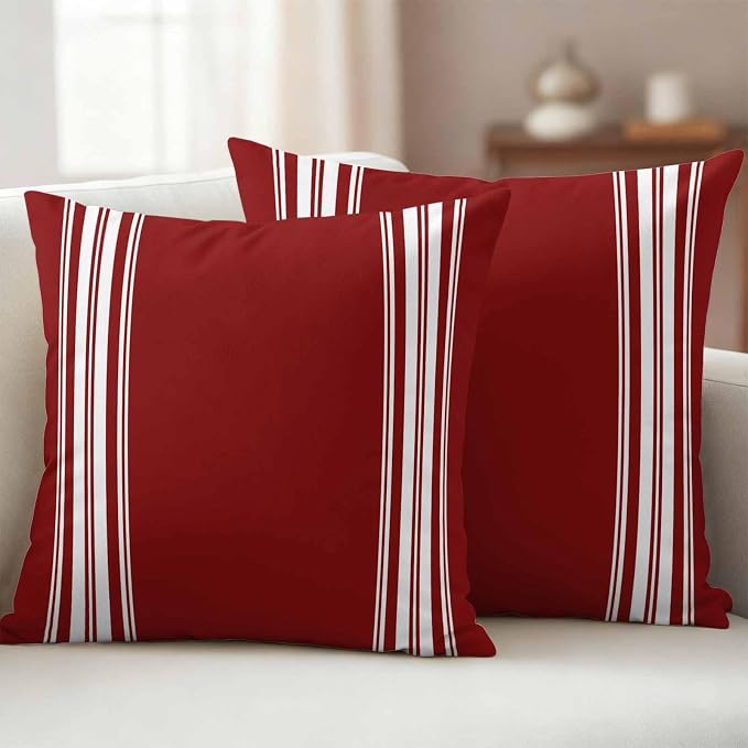 Outdoor Pillow Covers 16x16 Set of 2 Burgundy Red Stripe Outdoor Pillows Waterproof Throw Pillow Covers French Stripe Farmhouse Style Pillowcases Decorative Case for Patio Cushion