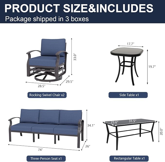 Kurapika Aluminum Patio Furniture Set 5-Seat Modern Outdoor Conversation Sets w/Swivel Rocking Chairs with Rectangular Coffee Table, Navy Blue