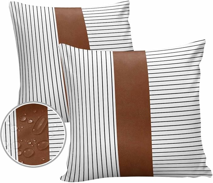 Outdoor Waterproof Throw Pillow Covers 24x24in, Boho Mid Century Cushions for Garden Patio Furniture Chairs Set of 2, Stripe and Leather Texture Home Decor Couch Sofa Polyester Pillow Cases