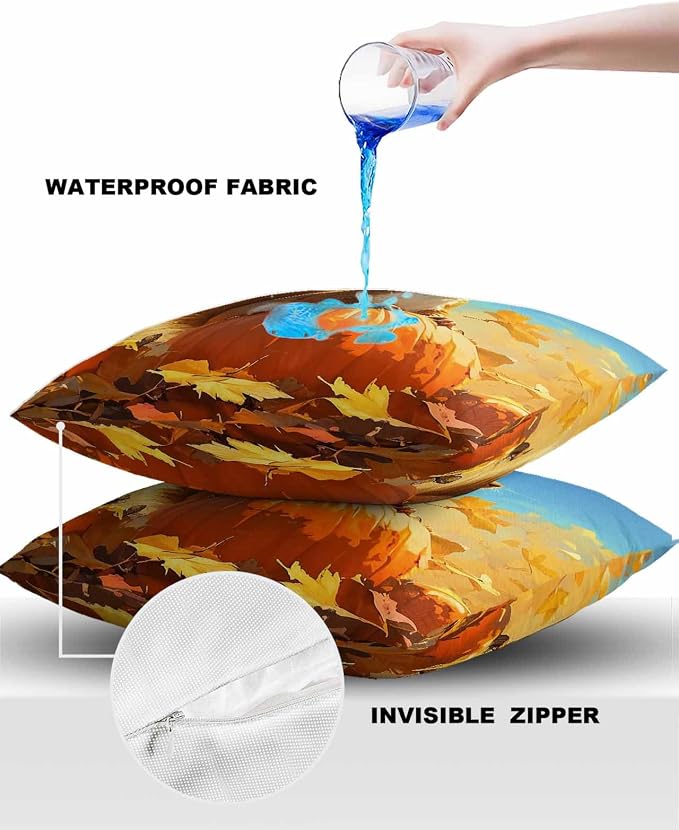 Outdoor Waterproof Throw Pillow Covers 24x24in, Fall Autumn Harvest Squirrels Cushions for Garden Patio Furniture Chairs Set of 2, Pumpkins Maple Leaves Home Decor Couch Sofa Polyester Pillow Cases