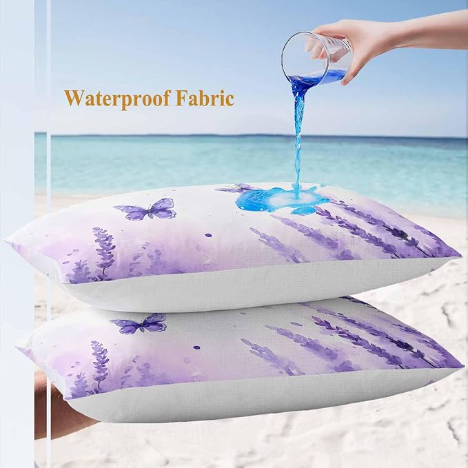 Spring Purple Lavender Outdoor Waterproof Throw Pillow Covers Set of 2, 20"x12", Country Watercolor Purple Floral Butterfly Decorative Pillow Covers Outside Cushion Case for Patio Porch Garden