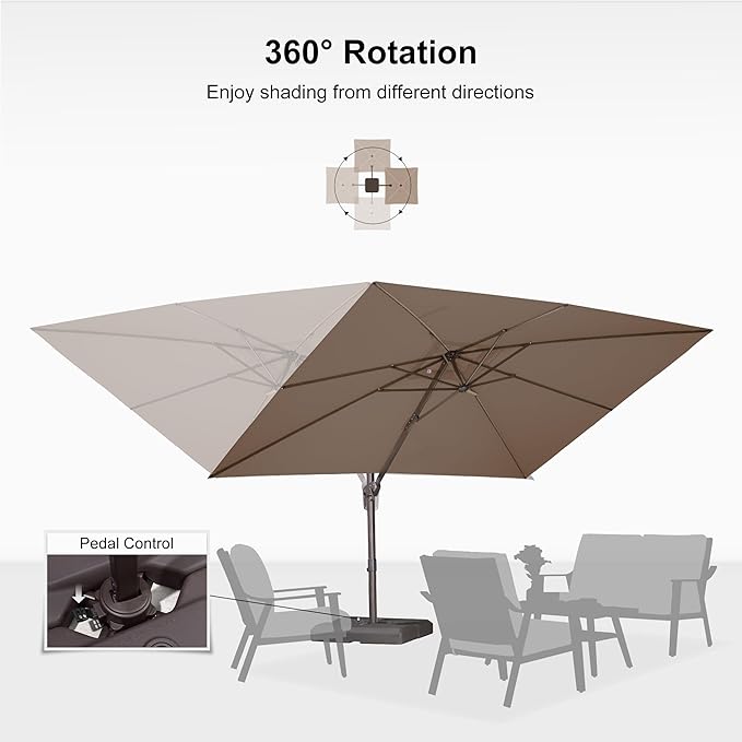 PURPLE LEAF 9' X 11.5' Rectangle Cantilever Umbrella Patio Umbrella Antique Bronze Outdoor Aluminum Offset Hanging Umbrella with 360-degree Rotation for Pool Garden Backyard Deck, Taupe
