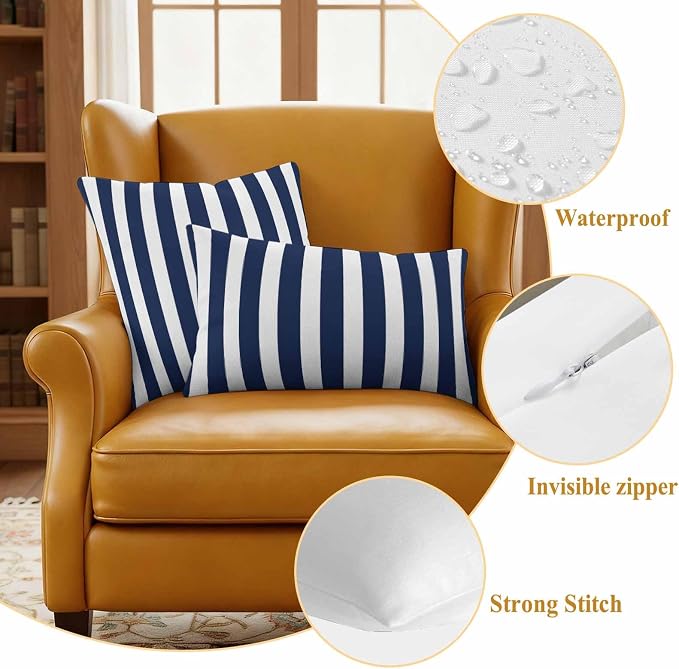 Navy Blue Striped Outdoor Waterproof Throw Pillow Covers 26x26 Set of 2, Modern Farmhouse Blue White Stripes Decorative Pillowcases Cushion Pillowcase for Couch Sofa Patio Outside Pillow Protector