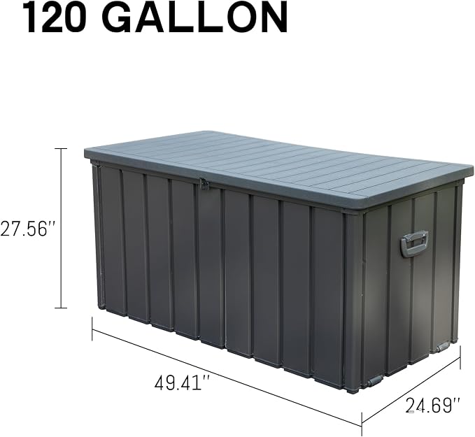 120 Gallon Outdoor Storage Box, Waterproof Resin Deck Box, Patio Storage Bin with Lockable Lid, Deck Storage Containers for Patio Furniture Cushions, Pool Accessories, Garden Tools - Dark Gray