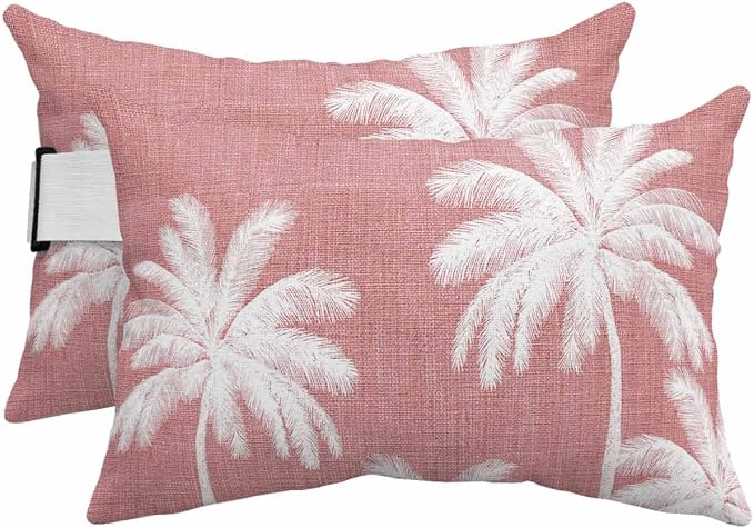 Pack of 2 Outdoor Lumbar Pillow Covers 12x20 Inch, Pink Palm Trees Waterproof Throw Pillow Covers Set, Farmhouse Tropical Summer Beach Indoor&Outdoor Decorative Cushion Cases for Patio Porch Car