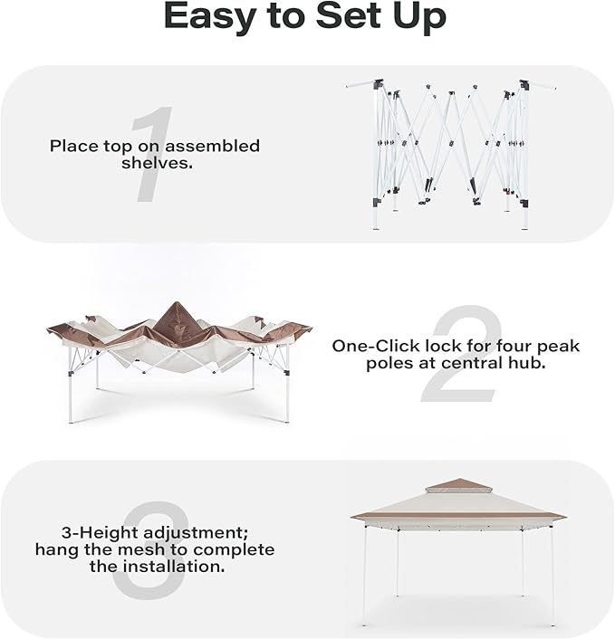 LAUSAINT HOME 11x11 Pop Up Gazebo Canopy Tent with Mosquito Netting, Instant One-Push Setup, Adjustable Height Outdoor Canopy Shelter with Carry Bag for Patio, Backyard, Camping, Parties & BBQs, Khaki