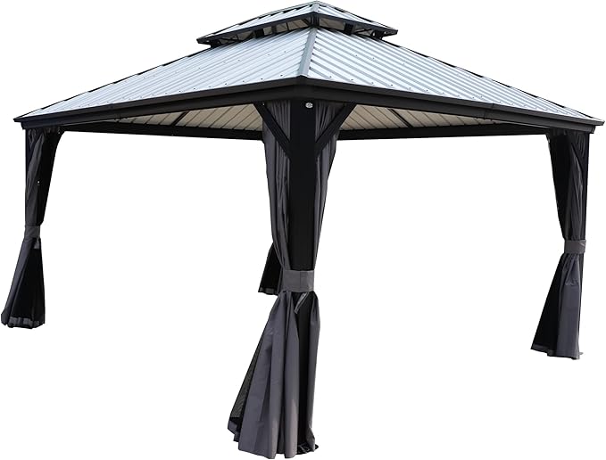 Kozyard Caesar 12'x14' Hardtop Gazebo - Permanent Metal Pavilion with Netting and Shaded Curtains for Patio, Backyard, and Deck - Galvanized Steel Outdoor Aluminum Canopy, Double Roof Gazebo (Grey)