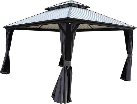 Kozyard Caesar 12'x14' Hardtop Gazebo - Permanent Metal Pavilion with Netting and Shaded Curtains for Patio, Backyard, and Deck - Galvanized Steel Outdoor Aluminum Canopy, Double Roof Gazebo (Grey)
