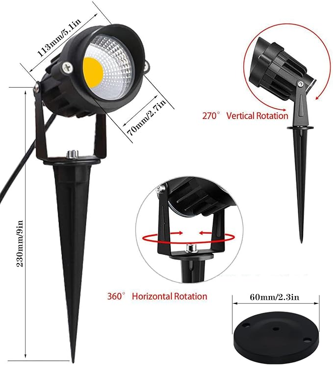 HANNAHONG Spotlight Outdoor 5W AC120V,Warm White COB LED Landscape Lighting Outdoor Indoor for House Flag Yard Tree Garden, Plug in Outdoor Lights with Spiked Stand and Base, 5 Ft Cable Waterproof