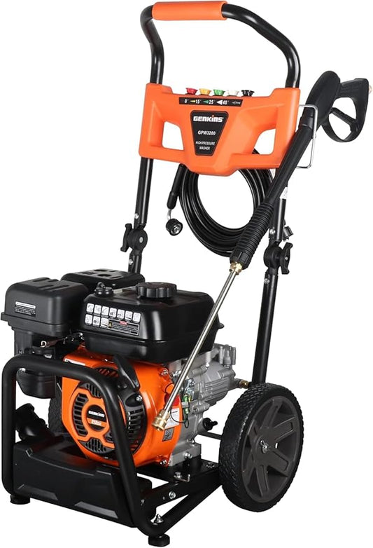 Genkins 3200 PSI Gas Foldable Pressure Washer, 2.5 GPM Residential Power Washer,5 Nozzles, Soap Tank & 25 Ft Hose, Portable Cleaner for Car, Patio, Driveway & Fence