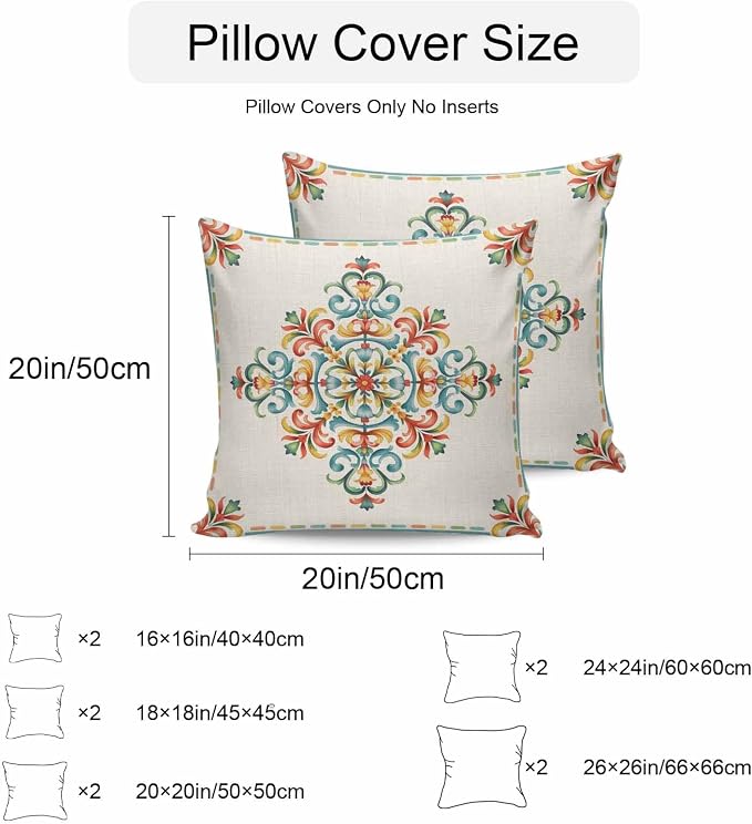 Geometric Flowers Outdoor Pillow Covers 16x16 Inch Throw Pillow Covers Set of 2 Waterproof Decorative Pillow Cases Modern Abstract Colorful Floral on Linen Cushion Covers for Patio Furniture Garden