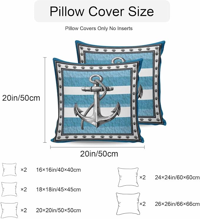 Summer Boat Anchor Outdoor Waterproof Pillow Covers Set of 2, Nautical Ocean Shells Anchor Blue White Stripe Pillowcase Decorative Throw Cushion Cases for Patio Garden Couch 18 x 18 Inches