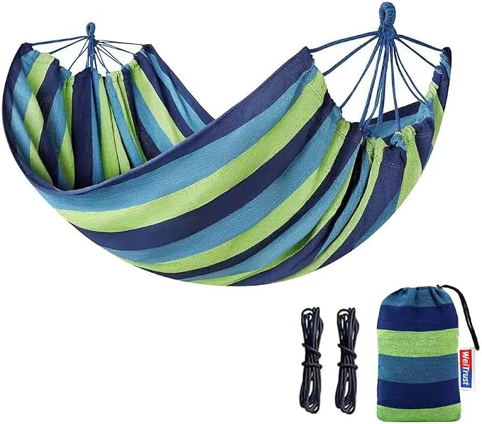 Cotton Canvas Hammock with Tree Straps - Portable Hammock for Outdoor Indoor Patio Backyard, Camping Hammock with Carry Bag, 440lbs Capacity, Without Stand(Blue, Without bar)