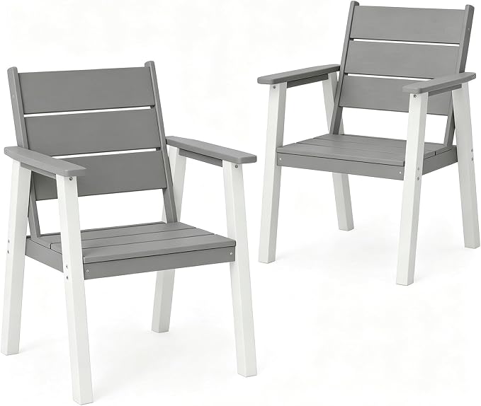 Outdoor Dining Chairs Set of 2,HDPE Patio Chairs with Wide Seat,Ergonomic Design Outdoor Furniture for Porch,Backyard,Deck,White and Grey