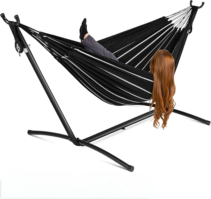 Extra Wide Hammock Chair with Stand, 500lbs Heavy Duty Steel Frame, Adjustable Height, Portable Folding Patio Swing for Outdoor, Backyard, Balcony, Camping – Includes Waterproof Carry Bag