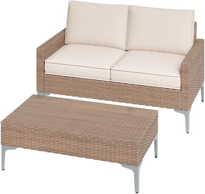 JOYURE 2 Pieces Patio Furniture Set,All Weather Rattan Loveseat with Tempered Glass Table for Porch,Deck,Backyard,Beige