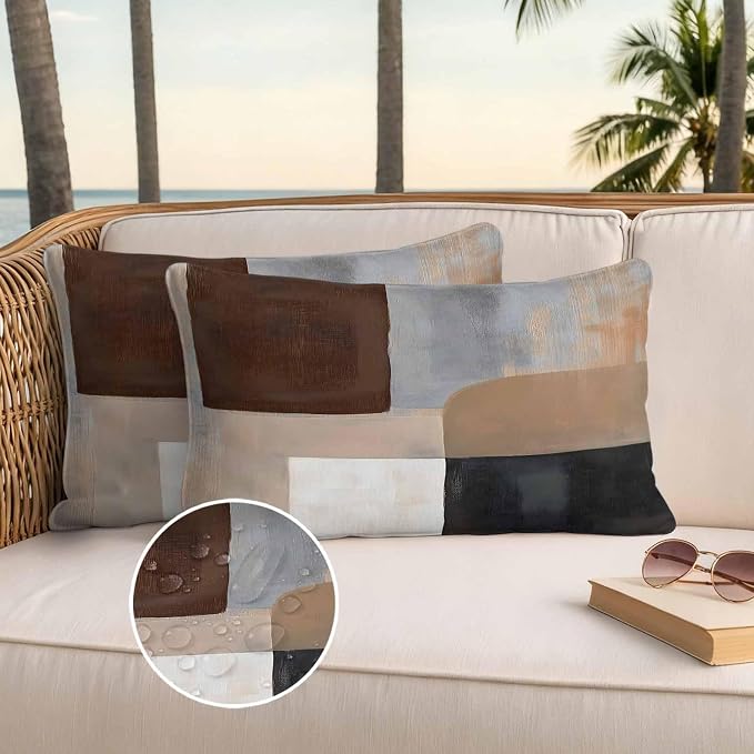 Abstract Ombre Brown Black White Outdoor Waterproof Throw Pillow Covers Set of 2, 20"x12", Modern Art Gradient Decorative Pillow Covers Outside Cushion Case for Patio Porch Garden