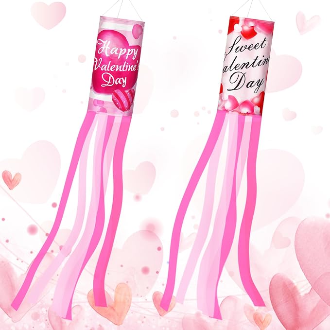 NOVWANG 2 Pieces 40 Inches Valentine's Day Windsock, Valentine Hearts Windsocks Outdoor Hanging Wind Sock for Wedding Anniversary Home Party Yard Garden Patio Decoration