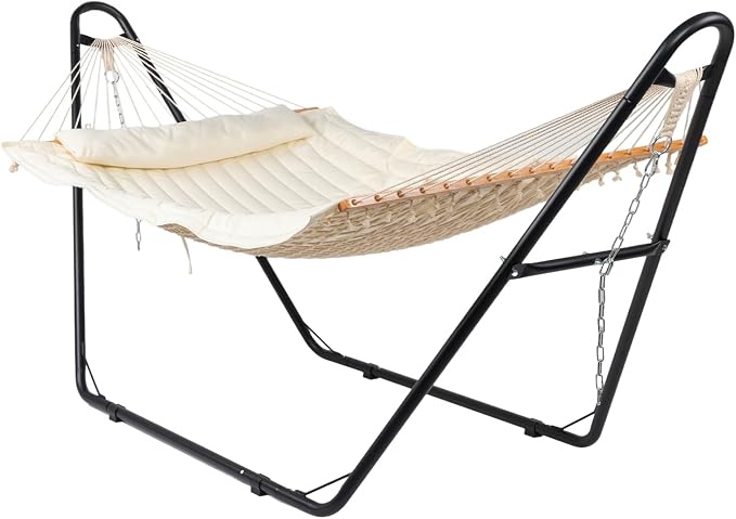 Double Hammock with Stand,Heavy Duty Portable Outdoor Hammock for 2 Person,Detachable Hammock Bed for Outside,﻿550 LBS Capacity,for Patio, Garden, Backyard & Beach (Beige)