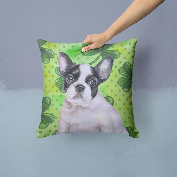 Caroline's Treasures BB9884PW1414 French Bulldog Black White St Patrick's Fabric Decorative Pillow, Green Machine Washable, Indoor Outdoor Decorative Pillow for Couch, Bed or Patio, 14Hx14W