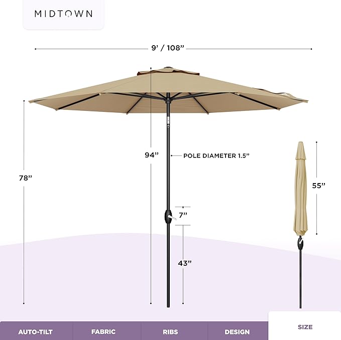 Midtown Umbrellas - The Lean 9 Ft Patio Umbrella with Fade-Resistant Sunbrella Fabric, Auto-Tilt Aluminum Frame and 8 Reinforced Ribs for Deck, Pool & Garden - Heather Tan Canopy, Black Pole