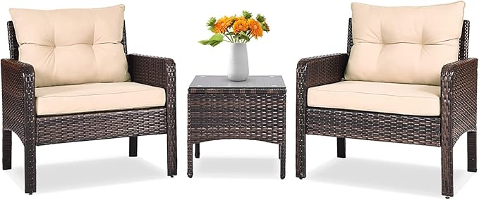 Tangkula 3 Piece Outdoor Patio Furniture Set for 2, Wicker Chairs with Glass Top Coffee Table, Thick Cushions, All Weather Garden Lawn Poolside Backyard Porch (Brown)