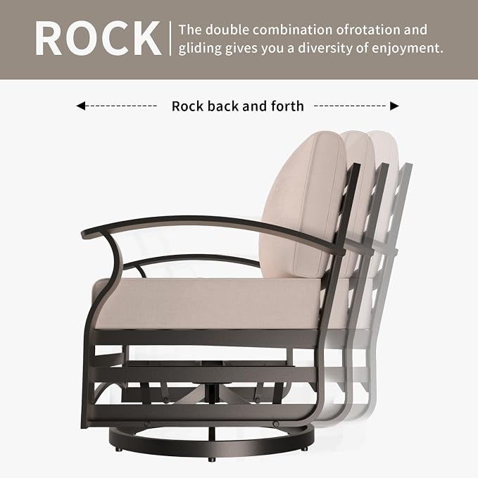 Gotland Outdoor Aluminum Patio Furniture Set with Fire Pit Table, 7 Pieces Metal Patio Furniture with 2 Swivel Rocking Chairs 11 Seats Waterproof 5.1'' Seat Cushions, for Garden Balcony Porch Khaki