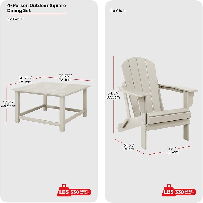 Costaelm Patio Conversation Set, 5 piece Balcony Furniture, Small Patio Firepit Furniture Outdoor Adirondack Square Coffee Table and Chair for Backyard Lawn Porch Pool Garden, Sand