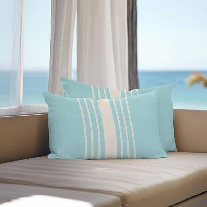 Outdoor Waterproof Pillows Cover Pack of 2 Modern Light Blue Striped Burlap Texture Decorative Pillowcases with Zipper Cushion Case for Patio Tent Couch Garden 20 x 12 Inches