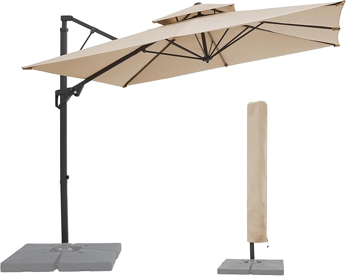 JEAREY 12ft 2-Tier Cantilever Patio Umbrella, Large Square Outdoor Offset Umbrella with Double Top Vent and 360-degree Rotation for Garden, Deck, Pool, Patio, Beige